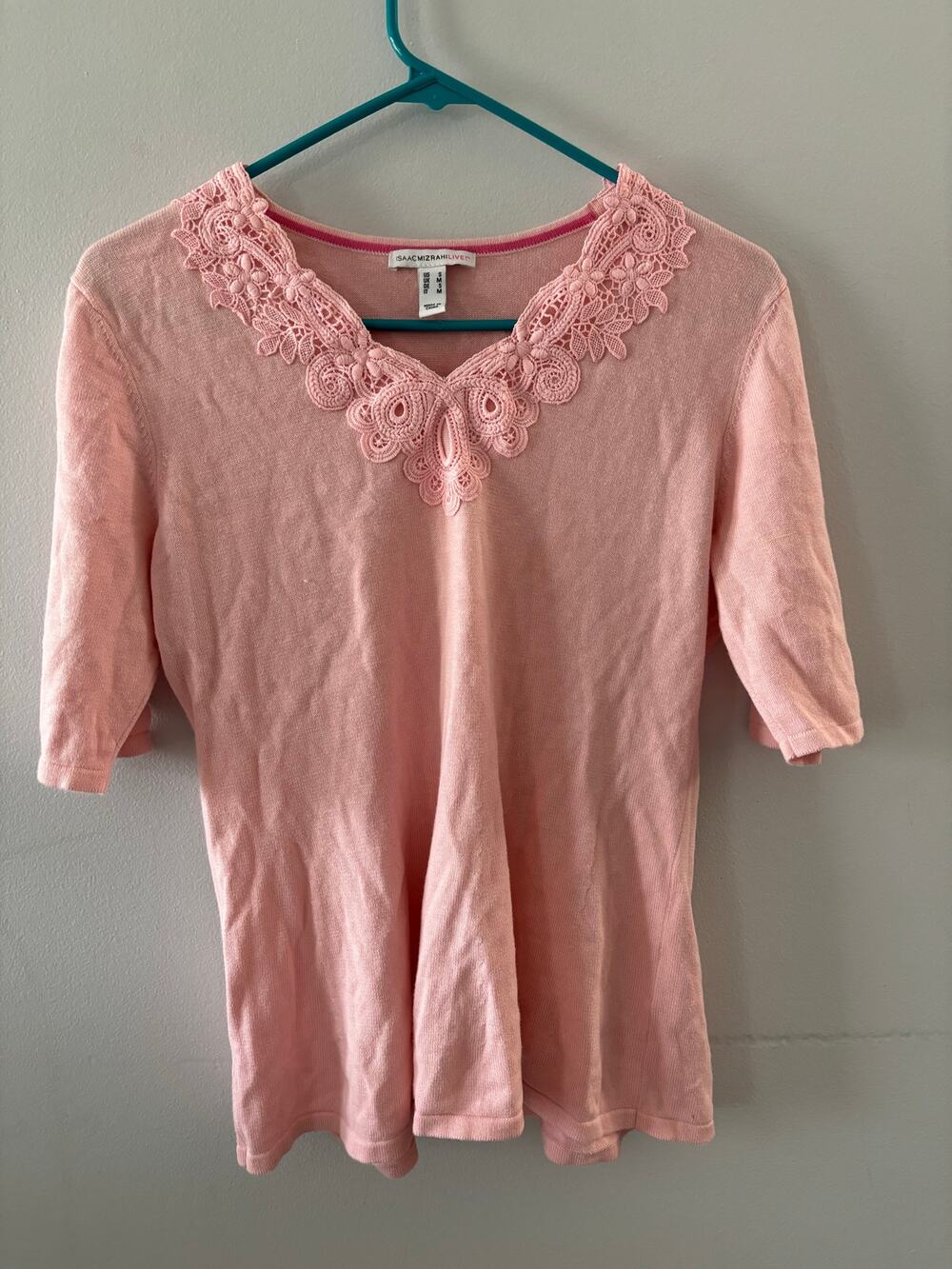 Isaac Mizrahi Top Women's Small Pink Sweater Embroidered Babydoll Feminine Lace